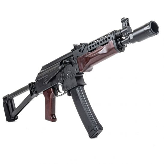 PSA AK-V 9mm Triangle Folding Pistol with Cheese Grater Upper Handguard and Linear Comp Flash Can, Redwood